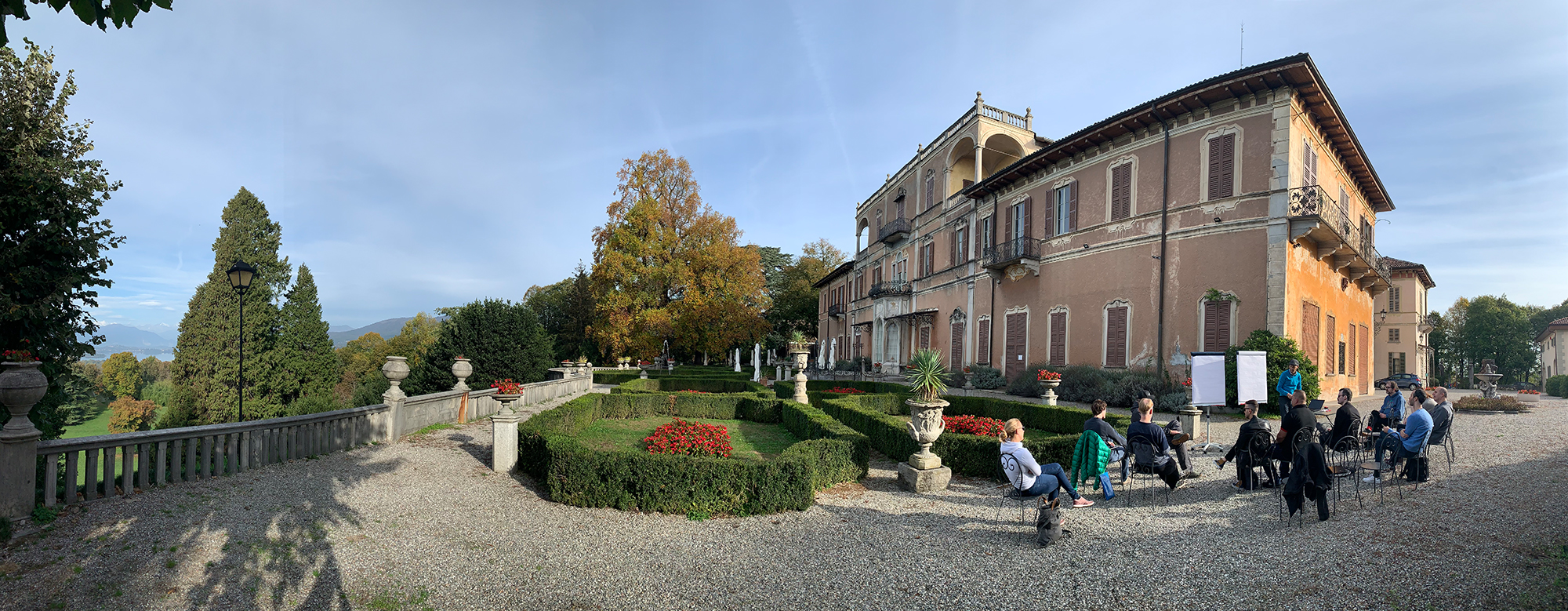 The CRS core team is meeting in the garden of Villa Cagnola for the roadmap discussion